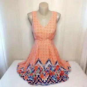 Anthropologie Ark & Co Orange Print & Floral V Neck Sleeveless Dress‎ Sz M - EUC